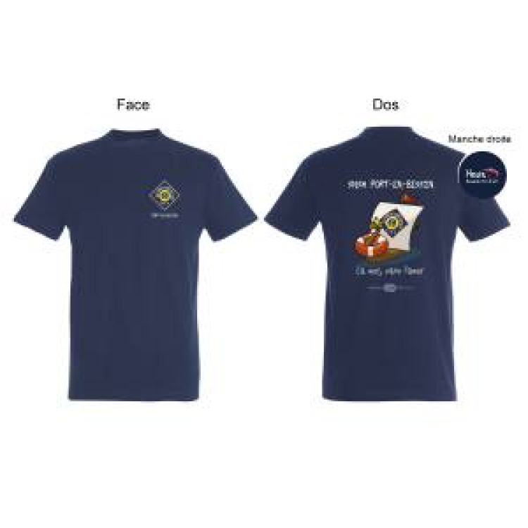 T-shirt homme SNSM la Mer sans l&rsquo;amer Port en Bessin + transfert Crevette manche droite Taille 6 Cm French Marine 3XL