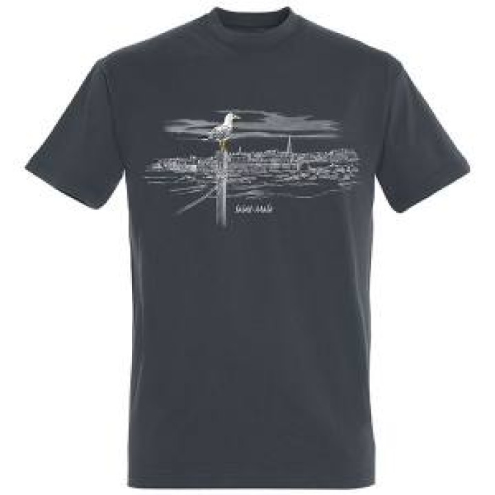 Tshirt homme Vue de la Ville avec Goeland sur un Poteau Saint Malo Gris Souris S