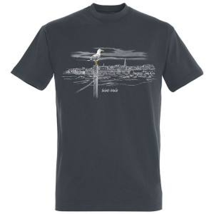 T-shirt homme Vue de la Ville avec Goeland sur un Poteau Saint Malo Gris Souris XS