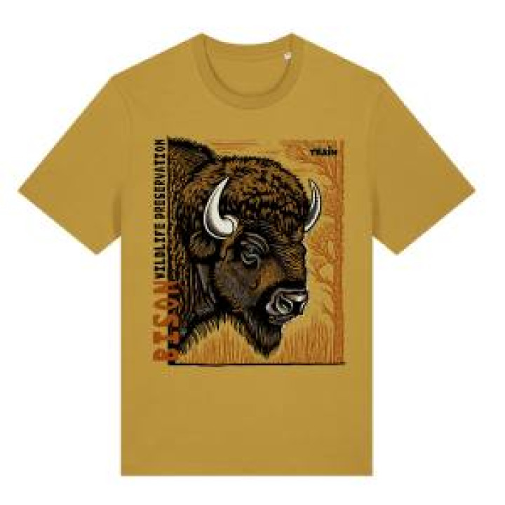 Tshirt premium bio Bison Linocut Safari Train Latte M