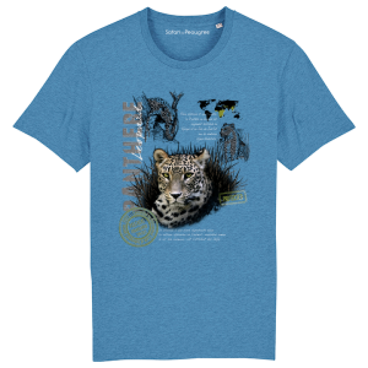 Tshirt premium bio Panthère Léopard  transfert Col Safari de Peaugres Mid Heather Blue S