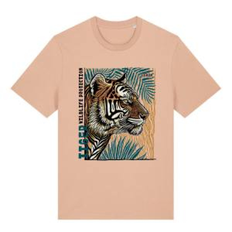 T-shirt premium bio Tigre Linocut Cerza + transfert Col Cerza Fraiche Peche S