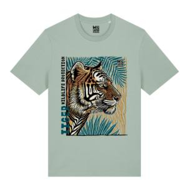 T-shirt premium bio Tigre Linocut Safari de Peaugres + transfert Col Safari de Peaugres Aloe - Stanl