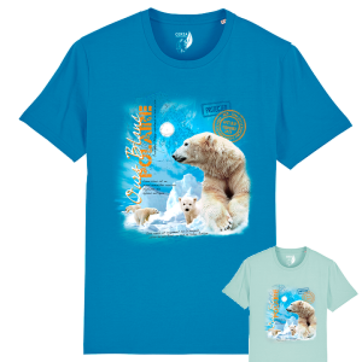 Tshirt unisexe bio Ours Blanc  transfert Col Cerza Azur S
