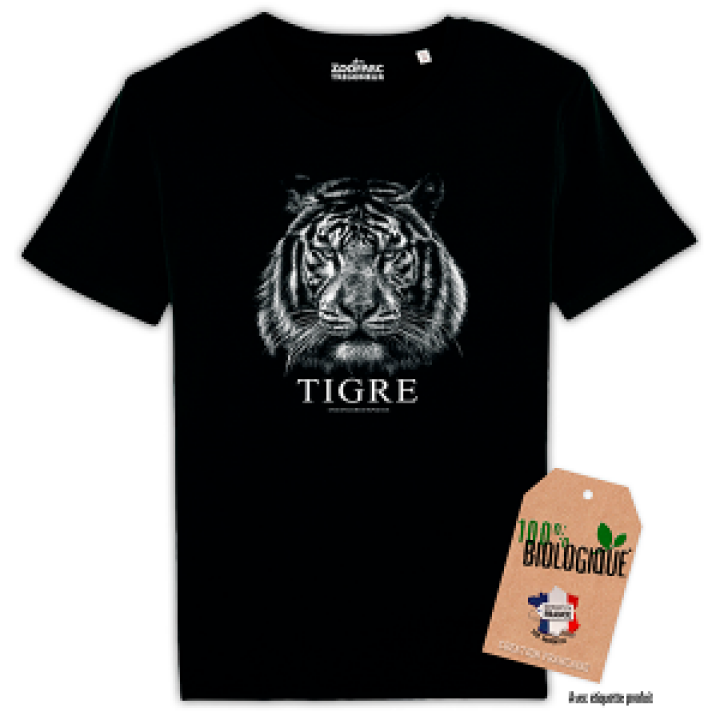 Tshirt unisexe bio Tigre Gamme Black  transfert Col Zooparc de Tregomeur Black S