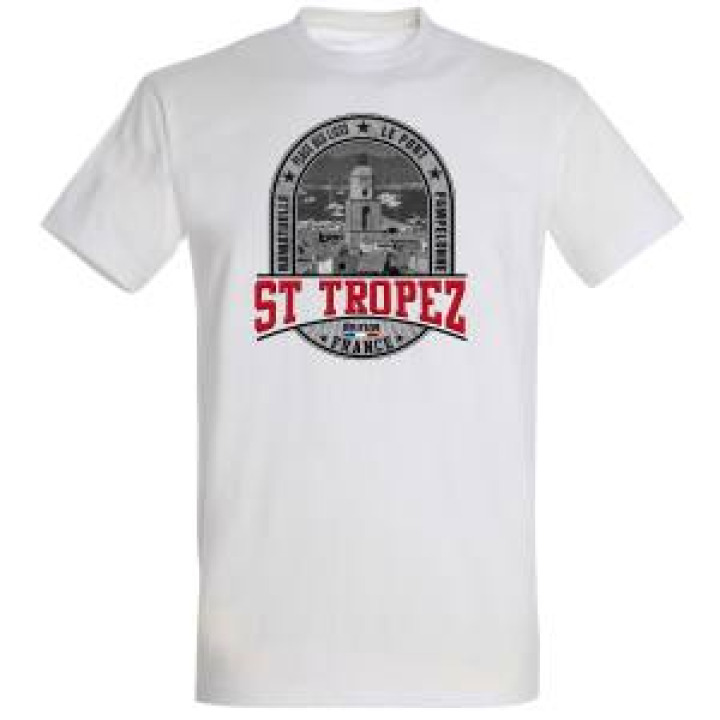 Tshirt unisexe Blason Saint Tropez Vue du Clocher le Port Place des Lices Ramatuelle Pampelonne Blanc S