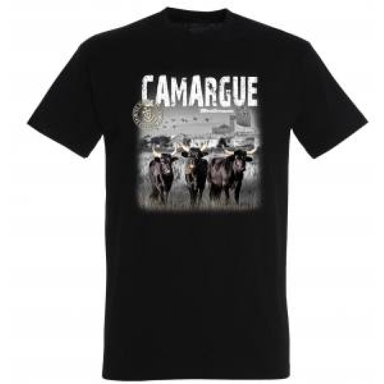 T-shirt unisexe Camargue Vue du Clocher de Stes Maries Trosi Taureaux M&eacute;diterran&eacute;e les Saintes Maries de la Mer Noir Profond S