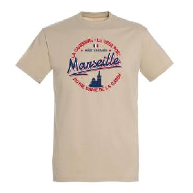 T-shirt unisexe Canebi&egrave;re- Vieux Port- Notre Dame de la Garde/ M&eacute;diterran&eacute;e/ Image de Notre Dame/ Marseille Sable L