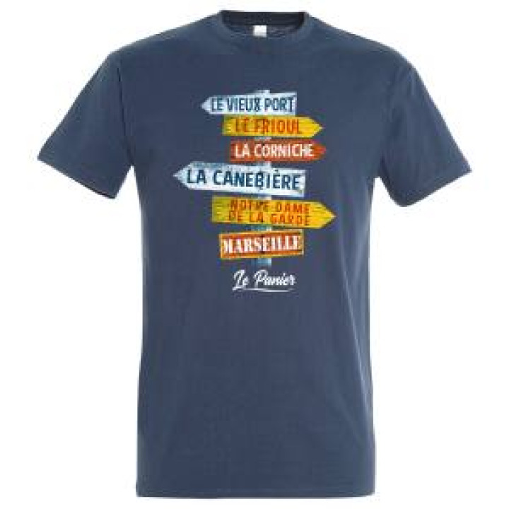 Tshirt unisexe Pancarte le Vieux Port le Frioul la Corniche La Canebière Nd de la Garde Marseille le Panier Gris Chiné S