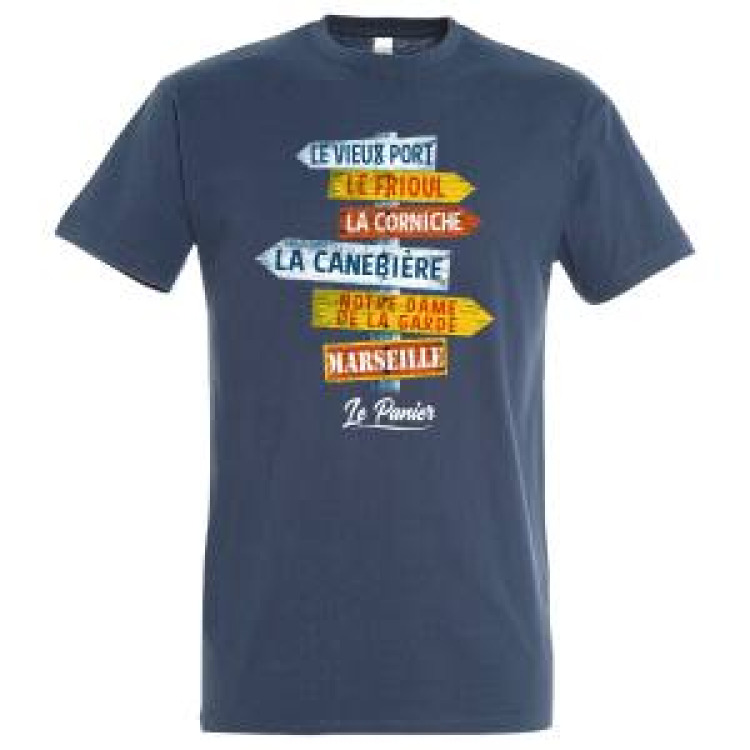 T-shirt unisexe Pancarte le Vieux Port/ le Frioul/ la Corniche/ La Canebi&egrave;re/ Nd de la Garde/ Marseille le Panier Gris Chin&eacute; S
