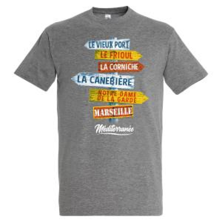 Tshirt unisexe Pancarte le Vieux Port le Frioul la Corniche La Canebière Nd de la Garde Marseille Méditerranée Kaki XS