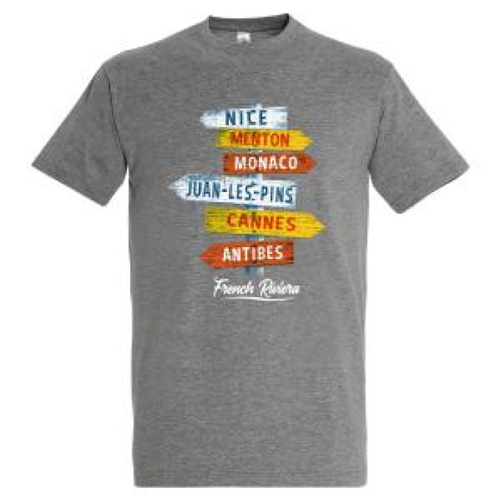 Tshirt unisexe Pancarte Nice Menton Monaco JuanLesPins Cannes Antibes French Riviera Gris C