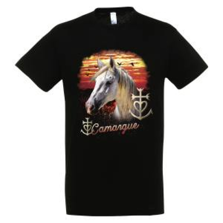 Tshirt unisexe Tête de Cheval Croix de Camargue Oiseaux en Vol Camargue Noir Profond S