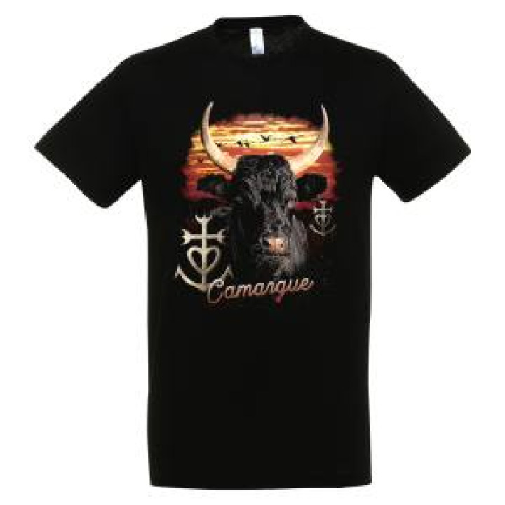 Tshirt unisexe Tête de Taureau Croix de Camargue Oiseaux en Vol Camargue Noir Profond XS