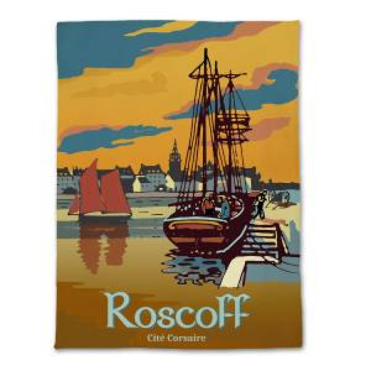Torchon all-over Vue du Port + Voilier Roscoff Cit&eacute; Corsaire Blanc Taille unique