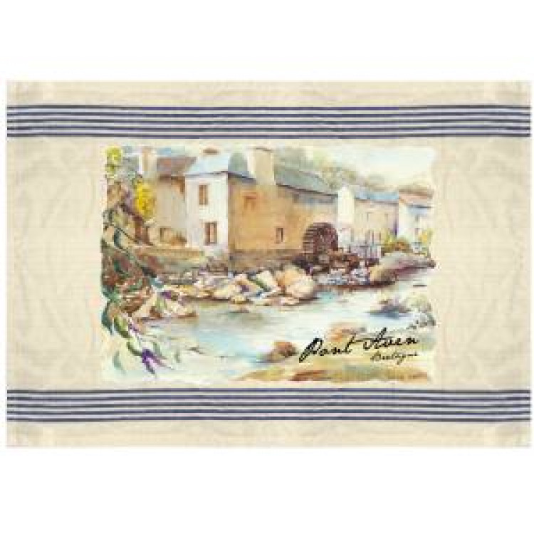 Torchon Maison Aquarelle Pont Aven Bretagne Ecru Taille unique