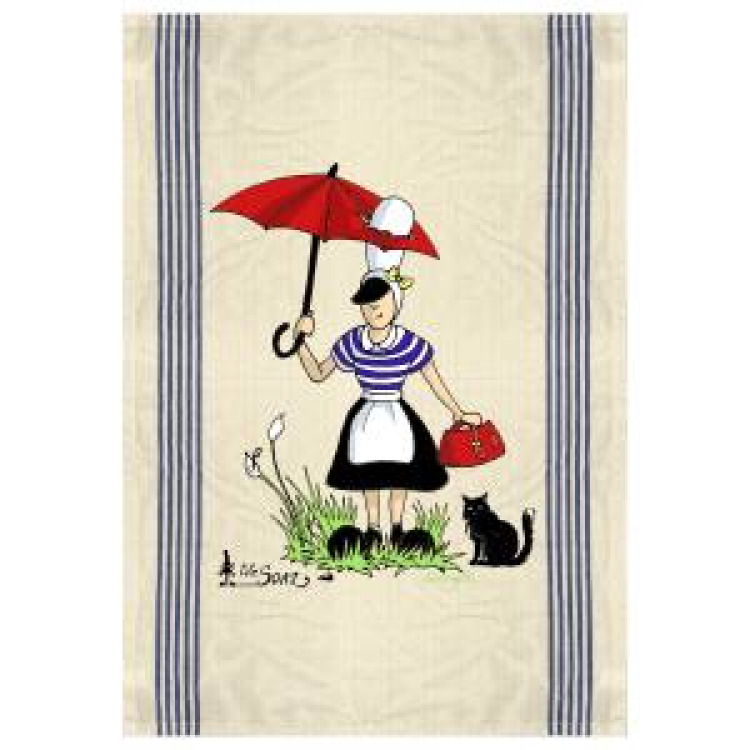 Torchon Tite Soaz Parapluie Rouge l&rsquo;eau Chat Mouille Ecru Taille unique