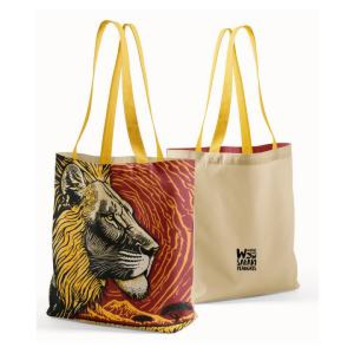 Tote bag allover Lion Linocut Safari Train Jaune Rouge Terracotta Beige Blanc Taille unique