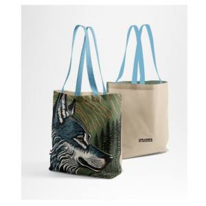Tote bag allover Loup Linocut les Loups du Gévaudan Beige Kaka Bleu Clair Blanc Taille unique