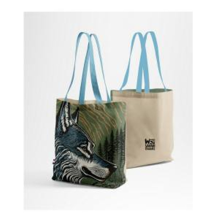 Tote bag allover Loup Linocut Safari de Peaugres Vert Pistache Beige Bleu Clair Blanc Taille unique