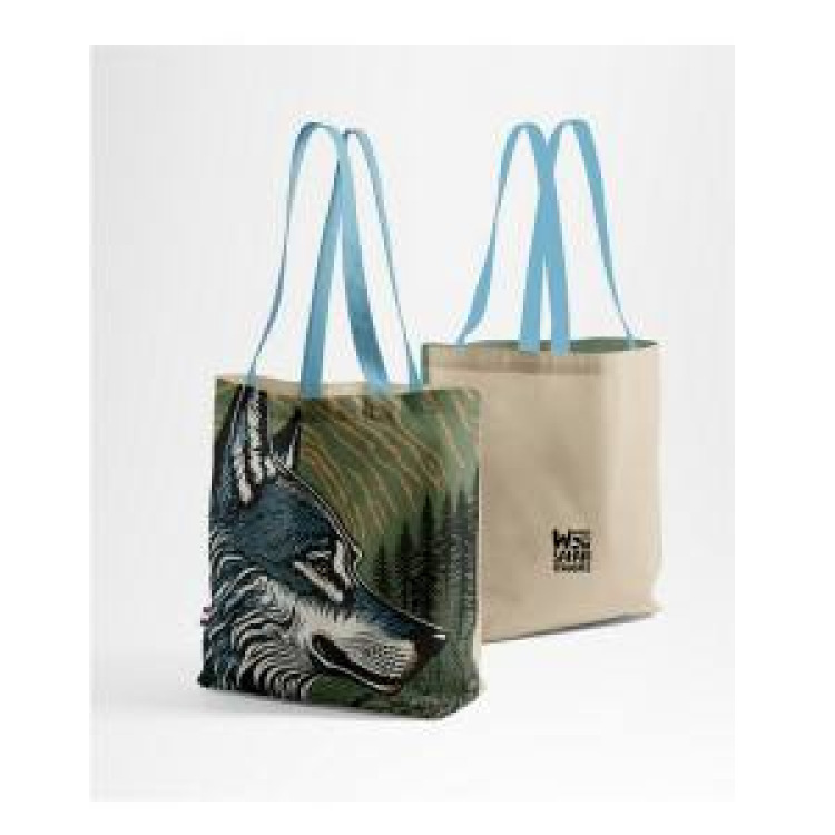 Tote bag all-over Loup Linocut Safari de Peaugres (Vert Pistache Beige Bleu Clair) Blanc Taille uniq