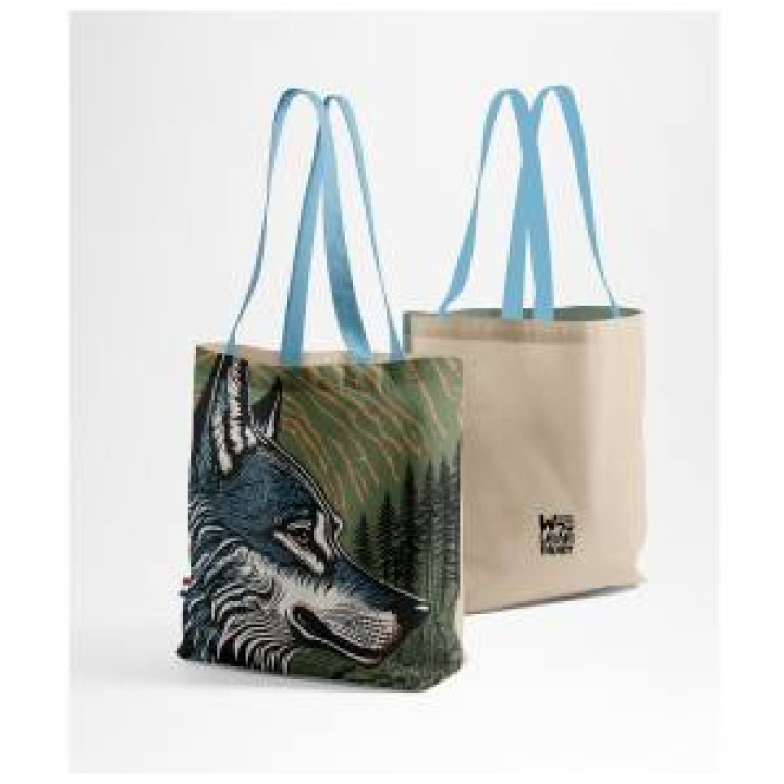 Tote bag allover Loup Linocut Zoo de Thoiry Beige Kaki Bleu Clair Blanc Taille unique