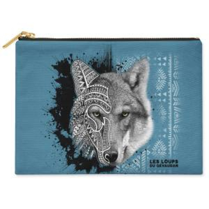 Trousse plate 15x11 allover Loup Natives Tribes les Loups du Gévaudan Fond Citadel Blue Blanc Tai