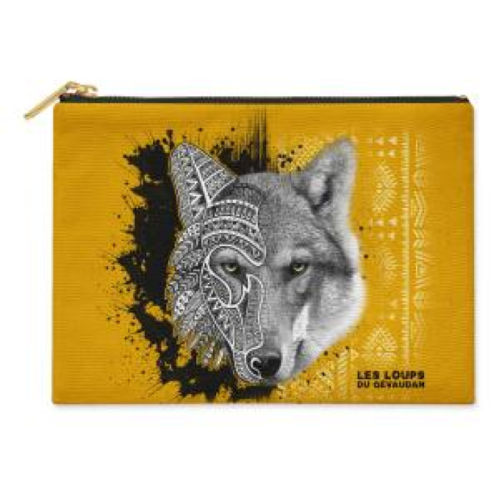 Trousse plate 15x11 allover Pochette Plate Loup Natives Tribes les Loups du Gévaudan Ochre Blanc 